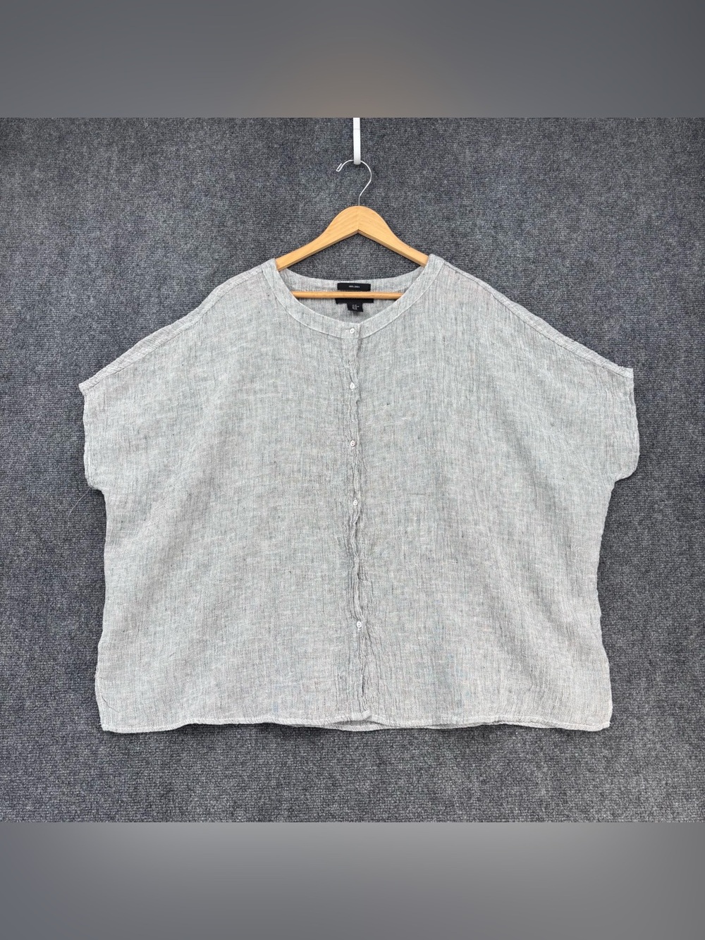 Tahari Coastal Boxy Speckled Gray Linen Top Cap Sleeve Women’s M